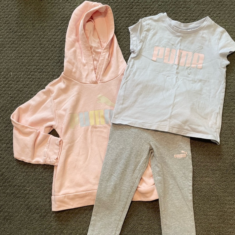 Puma Pink Hoodie and Gray Leggings with Blue Tee
